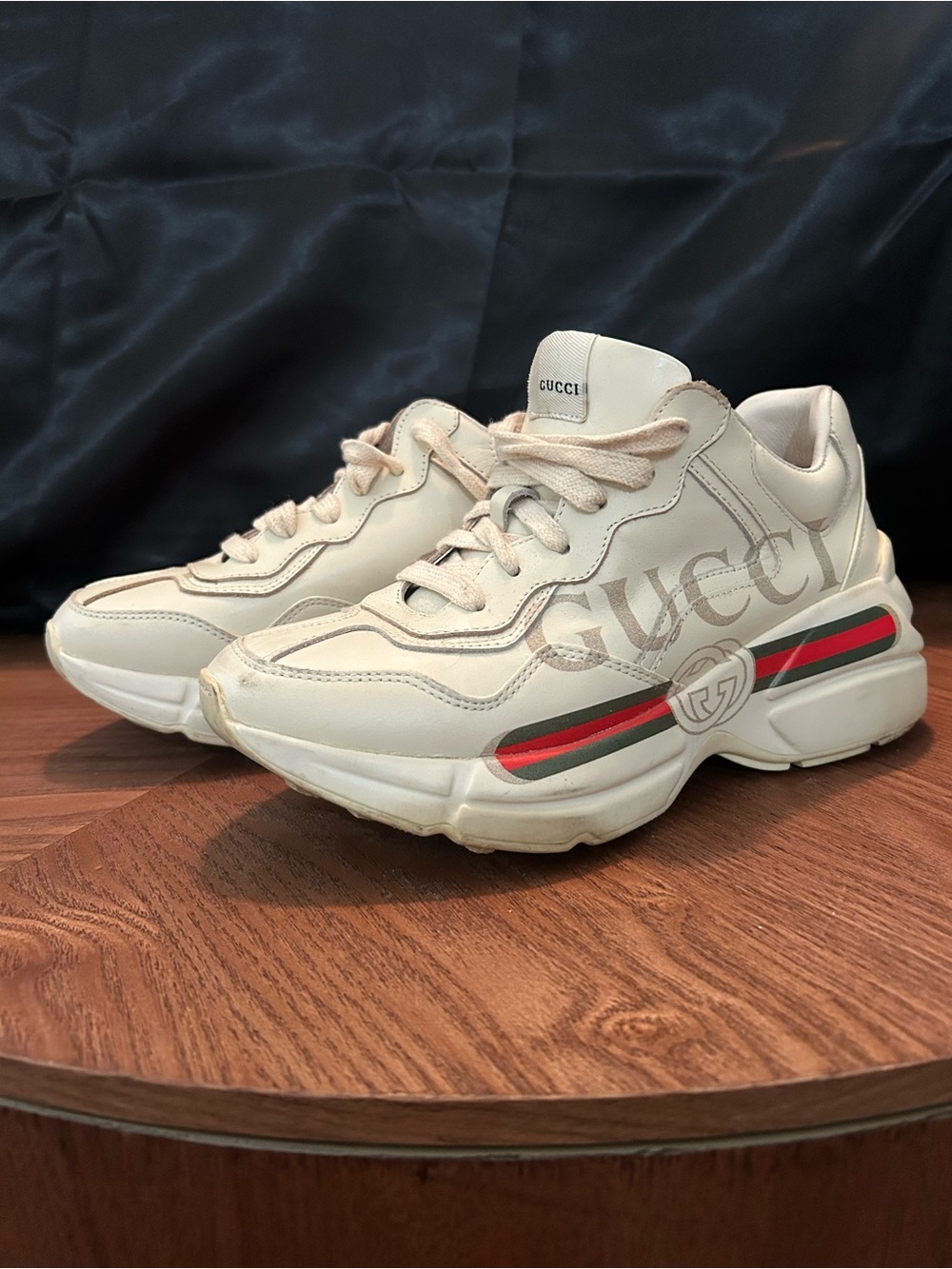 Gucci Cream Sneakers with Red & Green Web Stripe